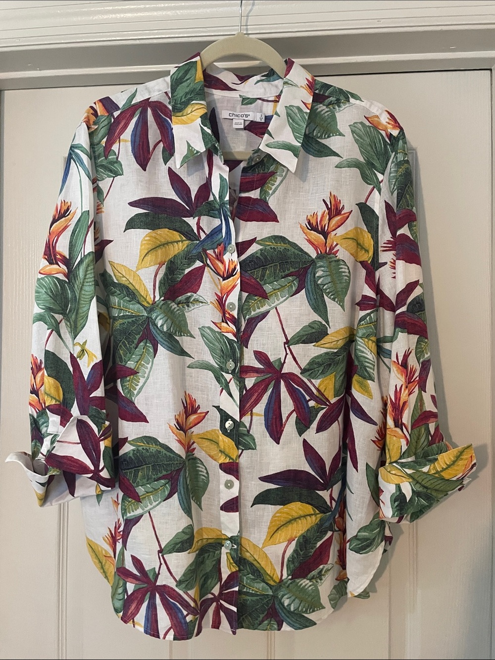 Chico's Tropical Leaf Linen Shirt - Sz. 3 (16)